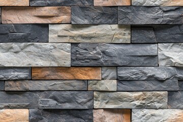 A textured stack stone cladding wall made of various stone slabs in shades of gray, black, and brown, arranged in a modern pattern.