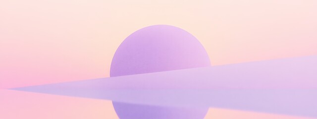 A serene and minimalist sunset or sunrise landscape, large purple sun or moon partially obscured by horizon line, soft gradient colors blending into pale pink and lavender sky, peaceful and calming ab