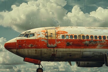 Vintage airplane with peeling paint against a cloudy sky.