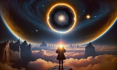 Wall Mural - Futuristic cosmic animation with  planet, deep space, galaxy. Bright cosmic animation with illustrations transformations and metamorphose. AI generated cinematic video