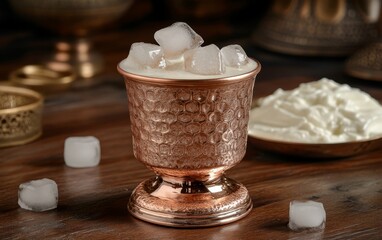 A copper cup filled with ice and a creamy beverage, set on a wooden surface with decorative elements nearby.