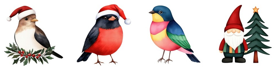 Colorful birds in festive hats, complemented by a Christmas tree and gnome, perfect for holiday-themed designs.