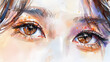 © Jafree - Watercolor illustration of a close up of a young Asian girl with expressive eyes. Concept of portrait art, vibrant colors, delicate brushstrokes. Print, design, fine art illustration
