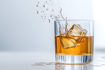 A glass of whiskey with ice cubes, the liquid splashing and swirling around it, set against white background