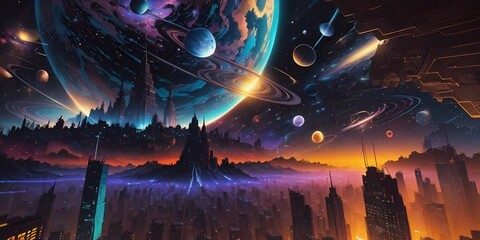 Wall Mural - Futuristic cosmic animation with deep space, galaxy, and futuristic cityscape on planet. Bright cosmic animation with illustrations transformations, music visualization concept. AI generated video