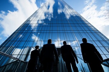 Poster - Four men in suits are walking up a glass building. The building is tall and has a lot of windows