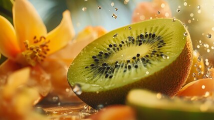 A vibrant kiwi slice surrounded by flowers and water droplets, showcasing freshness and natural beauty.