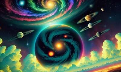 Wall Mural - Futuristic cosmic animation with planet, deep space, galaxy. Bright cosmic animation with illustrations transformations and metamorphose. AI generated cinematic video