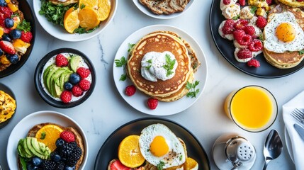 Wall Mural - A beautifully arranged brunch table features a variety of dishes including fluffy pancakes topped with fresh berries, eggs, and vibrant fruit, perfect for a cheerful weekend meal