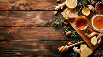 Wall Mural - A wooden table with honey, lemon