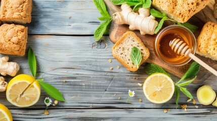 Wall Mural - ginger and honey on a wooden table