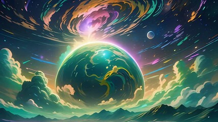 Wall Mural - Futuristic cosmic animation with deep space, galaxy, and green planet. Bright cosmic animation with illustrations transformations and metamorphose. AI generated cinematic video