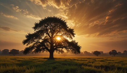 Wall Mural - Majestic Sunset Behind an Oak Tree