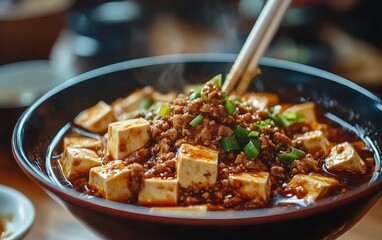 Wall Mural - A steaming bowl of spicy tofu and minced meat, garnished with green onions, showcasing a delicious Asian dish.