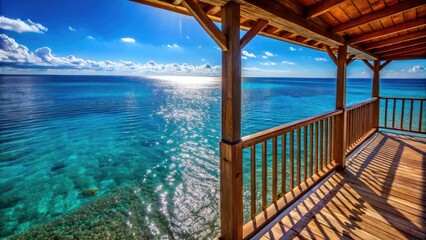 Wall Mural - Serene ocean view from a sunlit wooden deck.