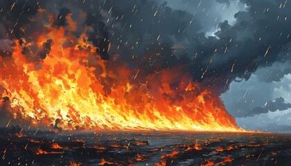 fantasy scene of a towering wall of fire against a stormy sky, ash swirling through a desolate landscape