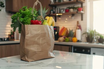 Bag of fresh groceries on top of the kitchen counter Paper bag of fresh groceries on top of the kitchen counter - healthy eating concepts