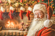 © Svetlana  - Santa Claus sits in a room in a chair next to the fireplace, Christmas stockings and gifts