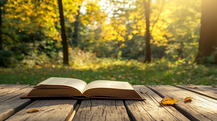 Wall Mural - Open book on wood planks over outdoor natural background