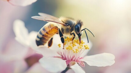 Poster - A macro view of a bee collecting nectar from a blooming flower, illustrating the important role of pollinators in nature.