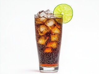 Refreshing ice cold cola in tall glass with lime garnish on white background