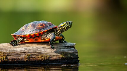 Poster - Turtle basking on a log in a serene pond, nature close-up. Wildlife and tranquility concept