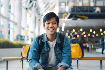 Wall Mural - Young Asian man of happy smiling and sitting in office building. Young Asian man of happy smiling and sitting in office building.