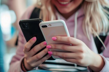 a happy beautiful blonde female student texting on her mobile phone while being at college a close u