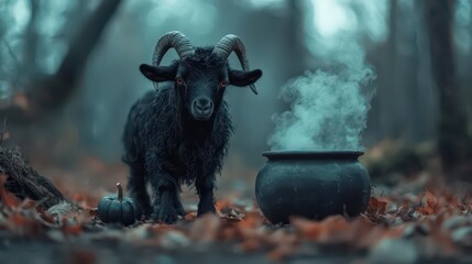 fokasuart Goat in a devil costume standing next to a cauldron w 4ac237ea-adc4-4088-b1ed-bf638a2838d9