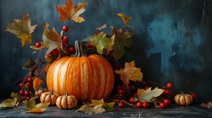 Wall Mural - Thanksgiving or Halloween Still Life Arrangement with Pumpkin and Leaves 