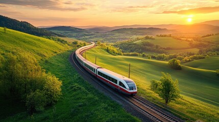 Poster - A panoramic view of an electric train traveling through a picturesque landscape, such as rolling hills or a scenic countryside, highlighting its efficiency and eco-friendliness.