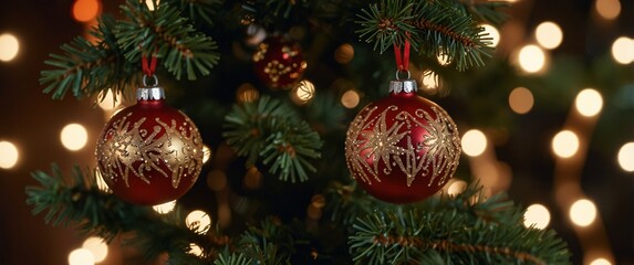 Red and Gold Christmas Ornaments: Two classic Christmas ornaments, adorned with red and gold detailing, hang gracefully on a Christmas tree. The bokeh effect of twinkling lights adds a warm and festiv