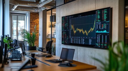 Aufkleber - A modern office with a large wall-mounted screen displaying a dynamic gold price chart, capturing real-time changes and market activity.
