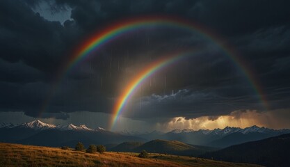 Wall Mural - Majestic Double Rainbow Over Mountains