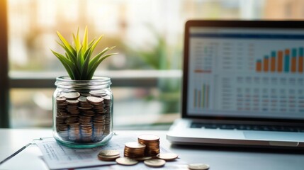Poster - A modern, organized workspace with a small plant, a jar of saved coins, and a budgeting spreadsheet open on a laptop, highlighting financial planning.