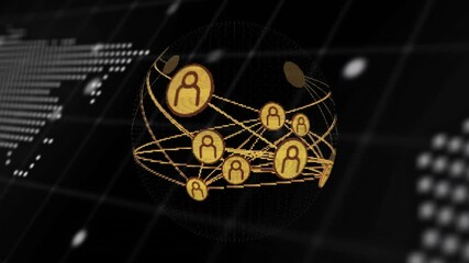 Poster - Animation of globe of connections with icons over data processing with world map on black background