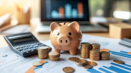 Poster - A neatly arranged desk with a piggy bank, stacks of coins, and a calculator, set against a backdrop of financial documents and a laptop.