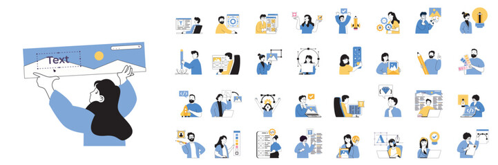 Poster - Design development concept set in flat design for web. Bundle situations with people creating interface layouts, selecting colors, drawing elements and content, making homepage. Vector illustrations.