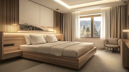 Poster - Modern Hotel Room with Wooden Accents and Mountain View