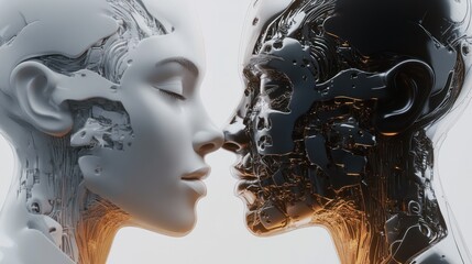 Close-up of two cybernetic faces facing each other.