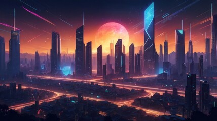 Sticker - Futuristic neon cityscape wallpaper on background of setting sun