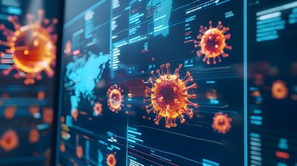 Poster - An image showing a digital screen with a graphical representation of virus spread across a map.