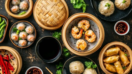 Wall Mural - A vibrant assortment of dim sum dishes served in bamboo steamers, showcasing a variety of flavors and textures.