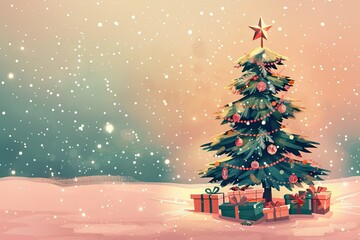 Wall Mural - Christmas card illustration with a decorated Christmas tree, snow falling, and presents underneath