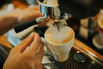 Barista with milk froth for latte art at cafe Rearview of barista working as the coffee counter while froth milk for making hot coffee menu at the coffee shop