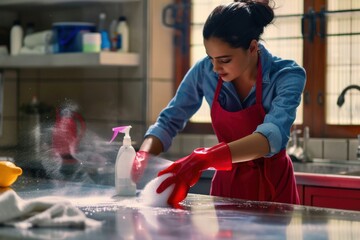 Wall Mural - Housewife wearing apron and red protective rubber gloves wipes and disinfects dust table using spray bottle and rag Housewife wearing apron and red protective rubber gloves wipes and disinfects dust t