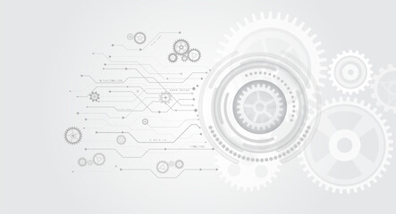 Wall Mural - The mechanism consisting of gears on a gray background for the presentation. Cogwheel for science experiment presentation, Futuristic high tech concept. Business and industry internet banner