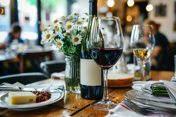 Wall Mural - Red and white wine in a glasses on the table next to the appetizers