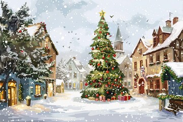 Wall Mural - Christmas card illustration with a decorated Christmas tree, snow falling, and presents underneath