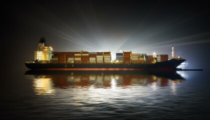 Container ship preparing to leave port late at night